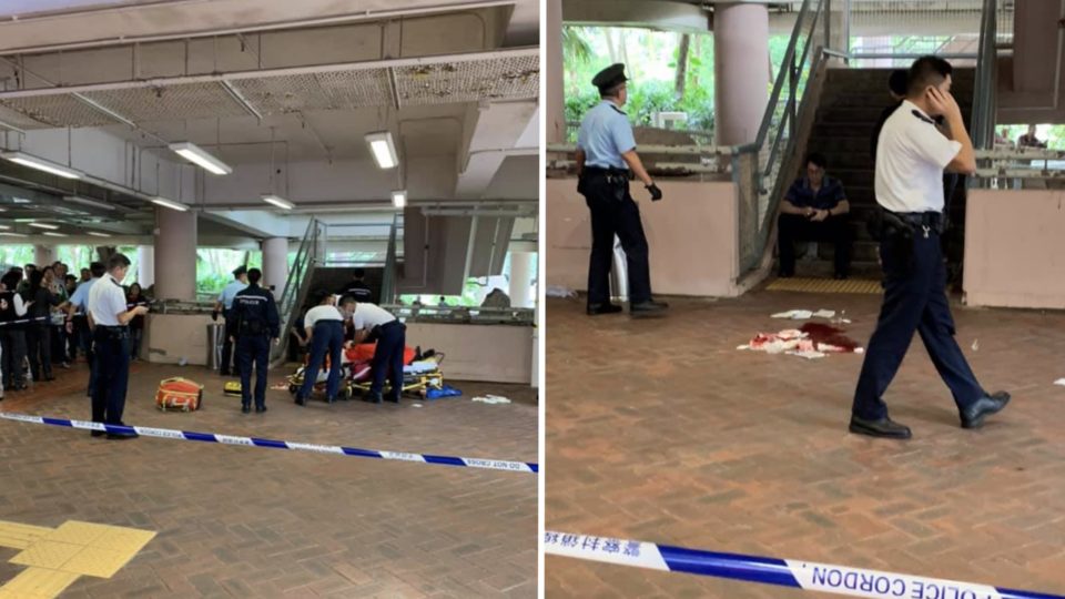 The scene at Ma On Shan’s Heng On Commercial Centre after a usband stabbed his wife in the face with scissors. Photo via Facebook/Ric Yann‎.