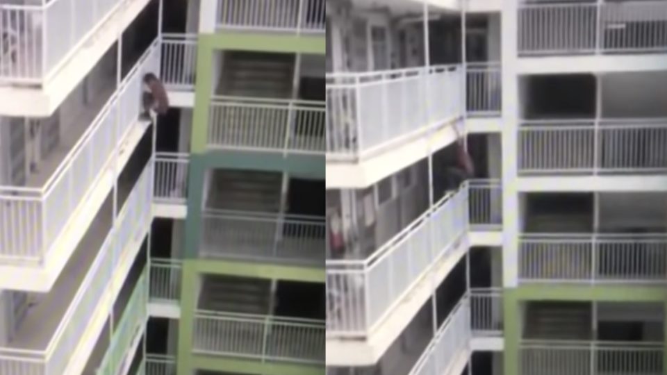 A parkour enthusiast climbing down the balconies of a housing estate in Shek Kip Mei. Screengrab via YouTube.