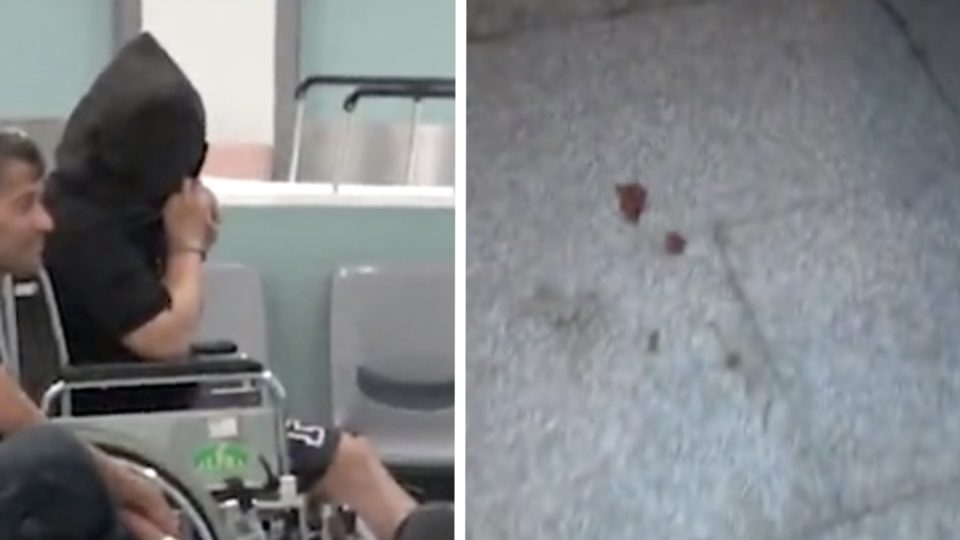 (Left) a mainland man was arrested police followed a trail of blood from his foot to a public toilet (right). screengrabs via Apple Daily video.