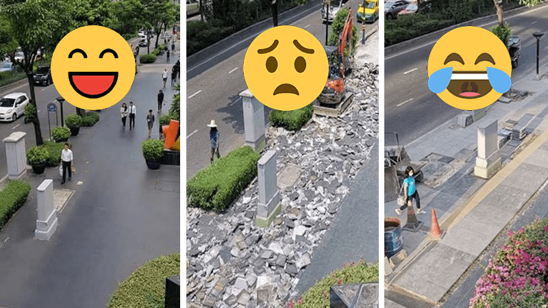 Before, during and after photos of the great Sukhumvit sidewalk renovation. Original images: AntiHawkers, Thailand Footpath via Facebook