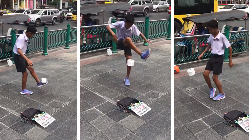 A Bangkok student shows off his toilet paper football skills earlier this month in Bangkok. Images: @ChrisMDwyer / Twitter