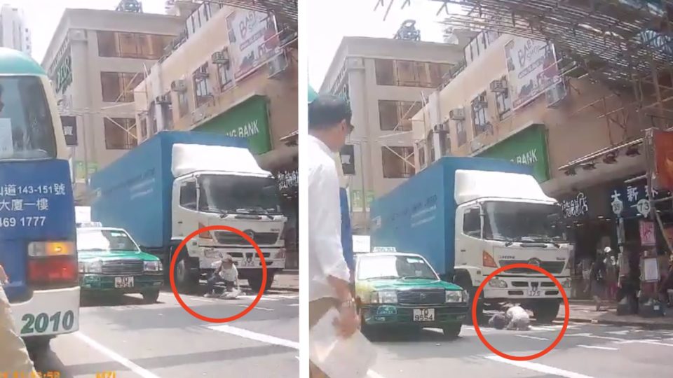 Dash cam video posted online shows the elderly woman being knocked over by a heavy truck. Screengrab via Facebook video/Kuro Dai.