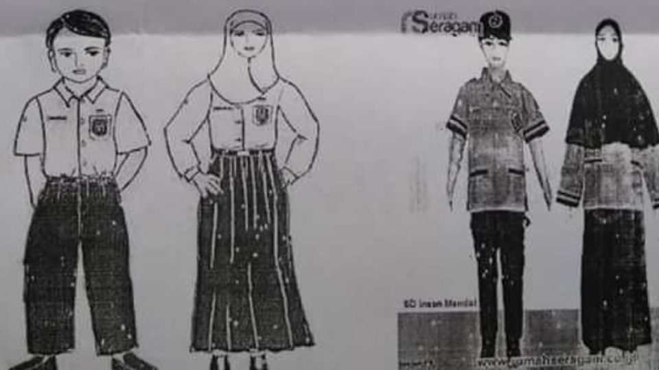 A photo of a circular issued by Karangtengah 3 Public Elementary School in Yogyakarta, which stated students are required to wear Islamic dress, recently went viral and drew the ire of some netizens. The circular also included sample drawings of the school uniforms, as pictured above. Photo: Twitter