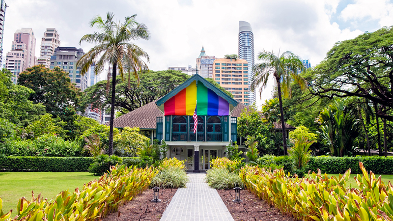 A rainbow flag wraps the gable of the century-old U.S. ambassador’s residence on Witthayu Road in Bangkok. Photo: U.S. Embassy Bangkok / Facebook
