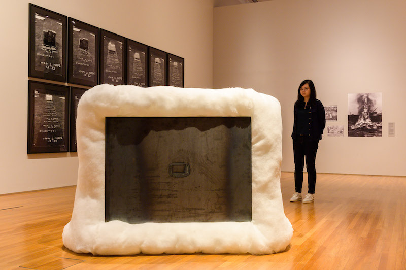 'Relatum' by Lee Ufan. The juxtaposition of hard steel and soft cotton creates the perception of weightless steel, leading visitors to question the dynamic between objects and their surrounding space. Photo: National Gallery Singapore
