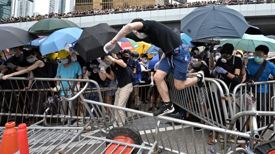 Protesters occupy the roads near the Legislative Council and government headquarters in Hong Kong on June 12, 2019. Photo by Anthony Wallace / AFP