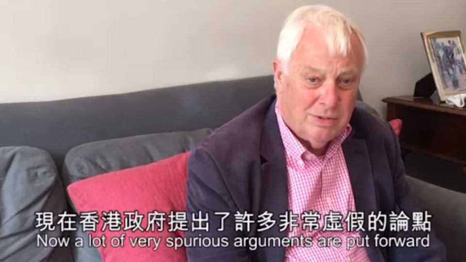 Ex-colonial Governor Chris Patten slams Hong Kong’s proposed extradition bill in a video statement. Screengrab via Facebook.