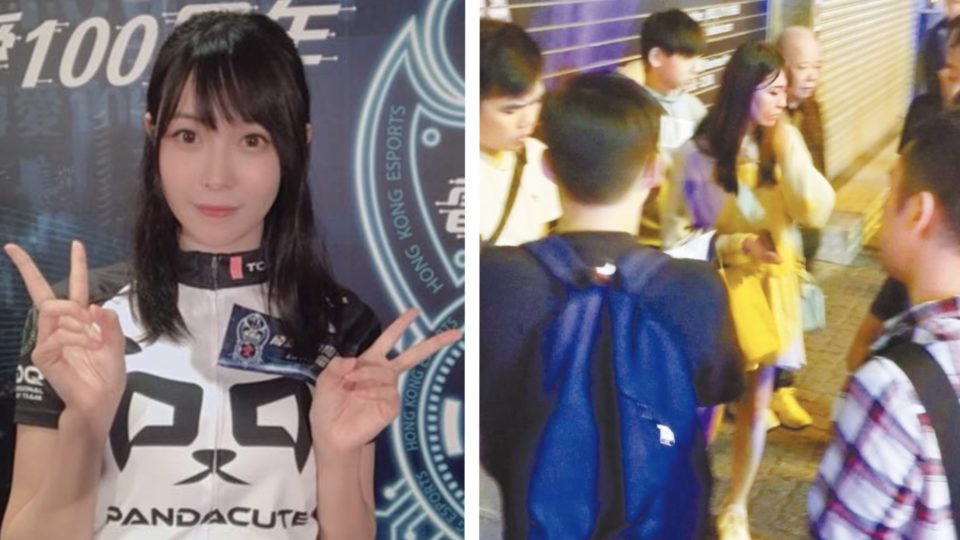 ‘Esports’ athlete Deer Chan (left), and the scene in Mong Kok on Saturday after a man was arrested for tailing her and taking photos. Photos via Facebook/Deer Chan and Apple Daily.