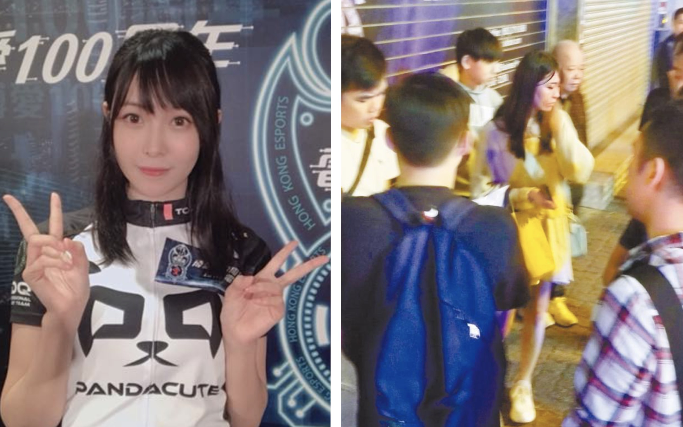 ‘Esports’ athlete Deer Chan (left), and the scene in Mong Kok on Saturday after a man was arrested for tailing her and taking photos. Photos via Facebook/Deer Chan and Apple Daily.