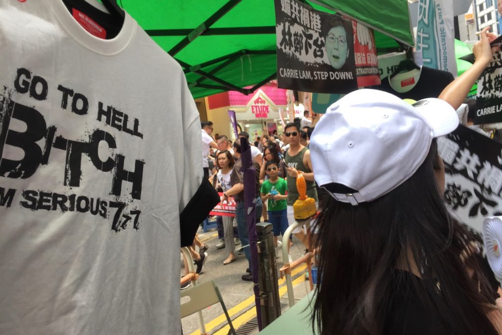 Some vendors had a rather explicit message for embattled Hong Kong Chief Executive Carrie Lam during Sunday's protest. Photo by Stuart White.