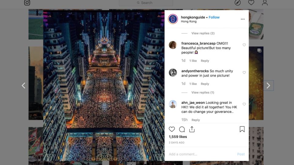 An Instagram post featuring a widely circulated image of Sunday’s anti-extradition protest that was actually doctored. Screengrab via Instagram.