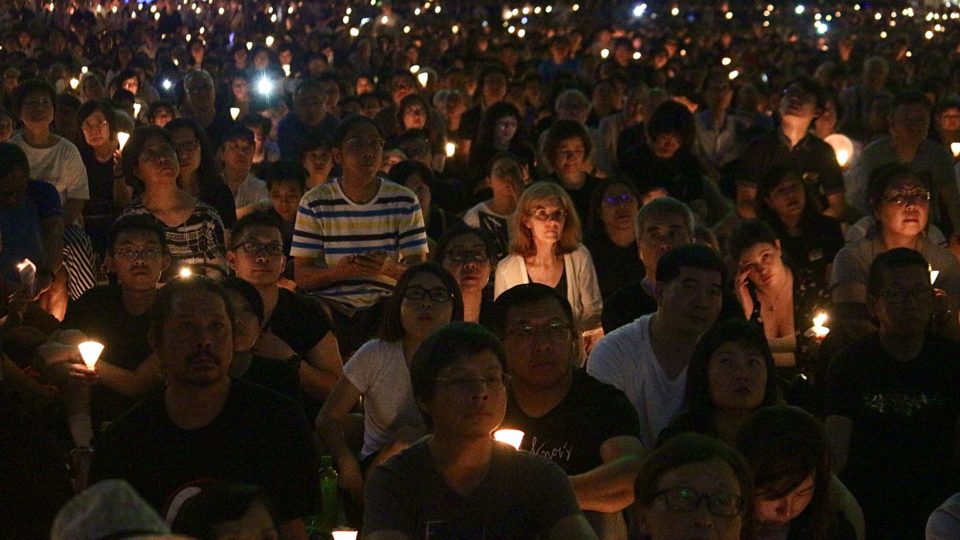 Thousands gather for a candlelight vigil marking the 30th anniversary of the Tiananmen Square Massacre in Hong Kong’s Victoria Park last night. Photo by Vicky Wong.