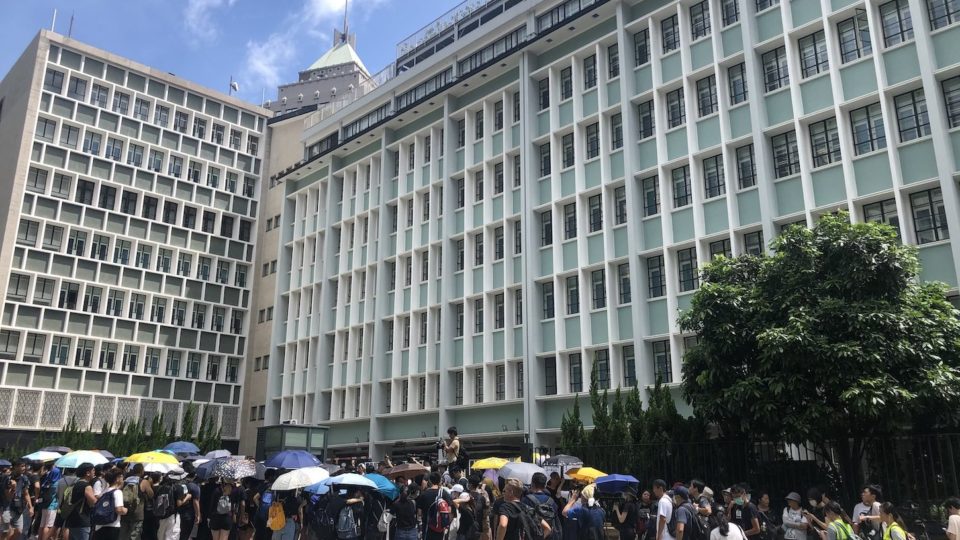 Protesters gather at Justice Place today to call for the withdrawal of the extradition bill and the release of arrested demonstrators. Photo by Iris To.