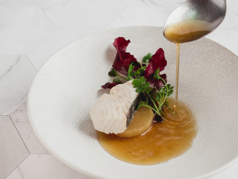 Appetizer: Local Trevally, Radishes & Grilled Cabbage Brodo. Photo: Kausmo