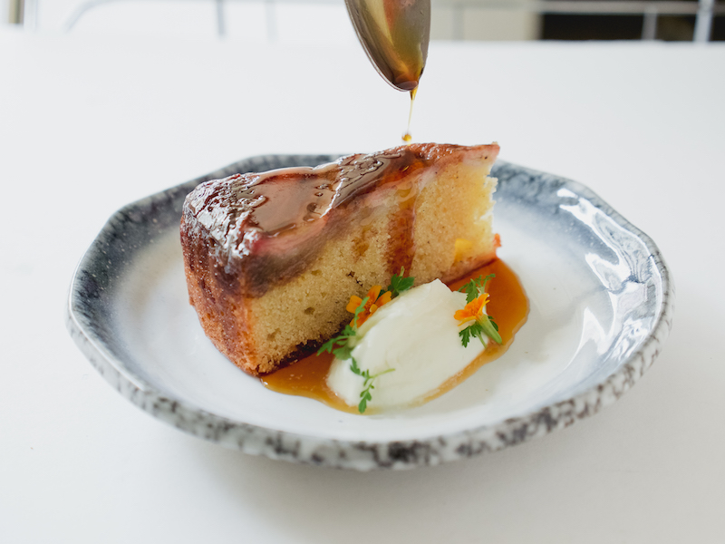 Dessert: Brown Butter Banana Cake with Homemade Creme Fraiche, Marigold & Mexican Tarragon. Photo: Kausmo