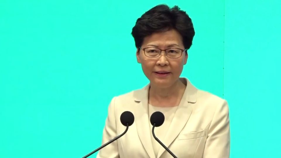 Hong Kong Chief Executive Carrie Lam speaks to the press this afternoon. Screengrab via Facebook.