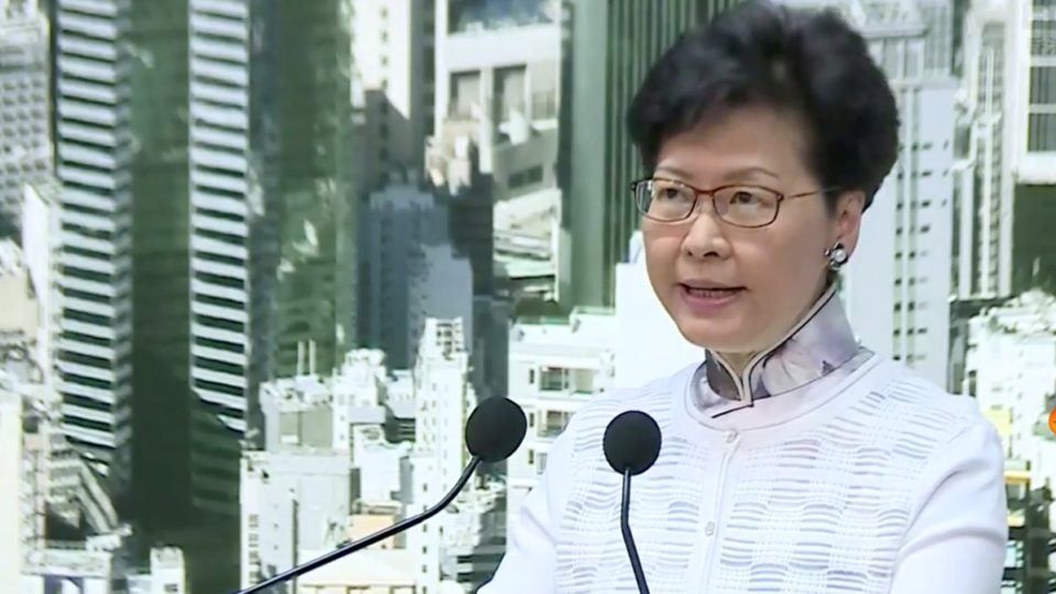 Chief Executive Carrie Lam announces a suspension of work of Hong Kong’s controversial extradition bill at a press conference today. Screengrab via Facebook.