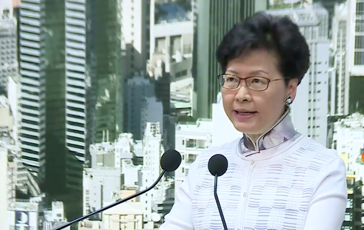 Chief Executive Carrie Lam announces a suspension of work of Hong Kong’s controversial extradition bill at a press conference today. Screengrab via Facebook.