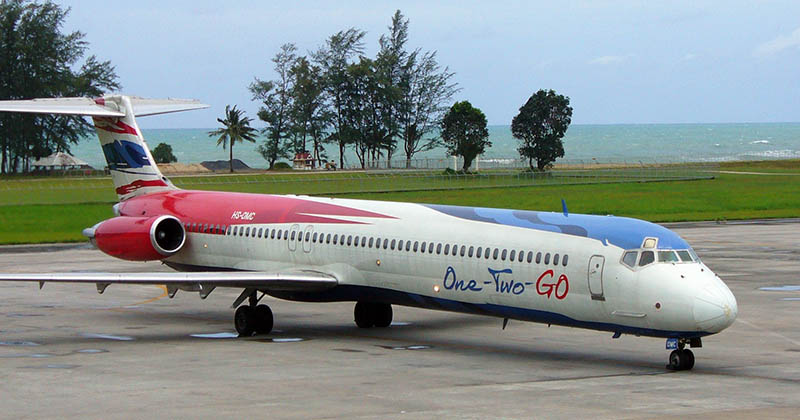 A One-Two-GO jet at Phuket’s airport in a file photo. Photo: Sean Digger / Wikimedia