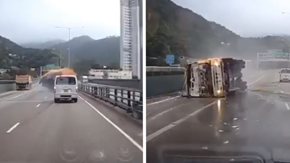 Dash cam video captures moment a water tanker overturns on Tuen Mun Road. Screengrab via Facebook video.