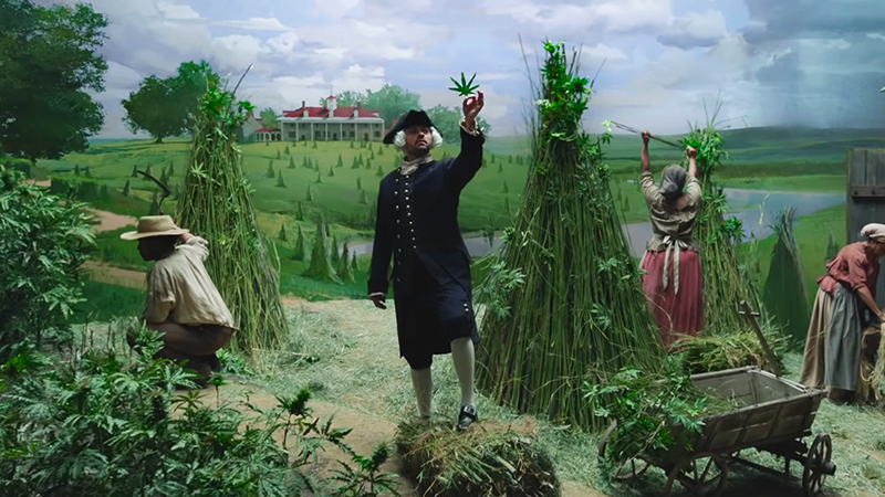 A still image from an American TV commercial for medical marijuana harkens to its popularity among that nation’s founding fathers. Image: MedMen / YouTube