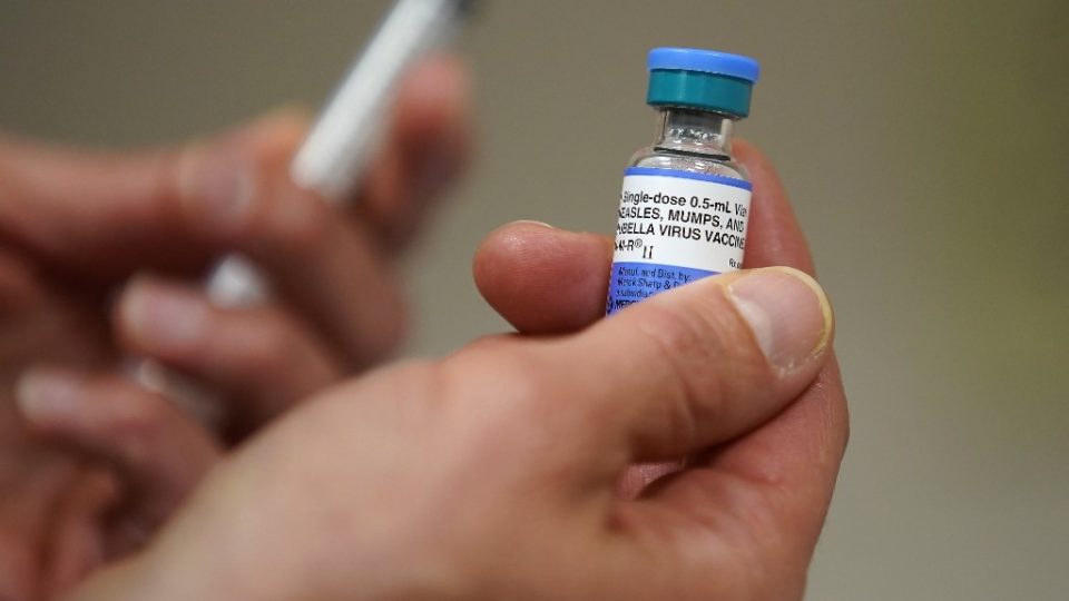 SALT LAKE CITY, UT – APRIL 26: In this photo illustration a one dose bottle of measles, mumps and rubella virus vaccine, made by MERCK, is held up at the Salt Lake County Health Department on April 26, 2019 in Salt Lake City, Utah. (Photo Illustration by George Frey/Getty Images)