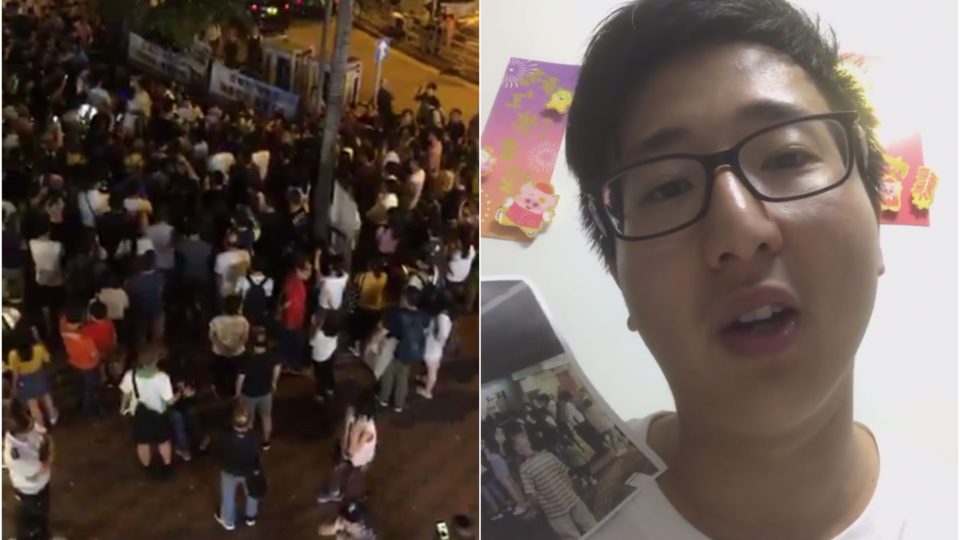 A crowd of people heckles DAB councillor Calvin Sze To (pictured at right), who was soliciting signatures for an petition criticizing anti-extradition protesters. Screengrabs via Facebook.