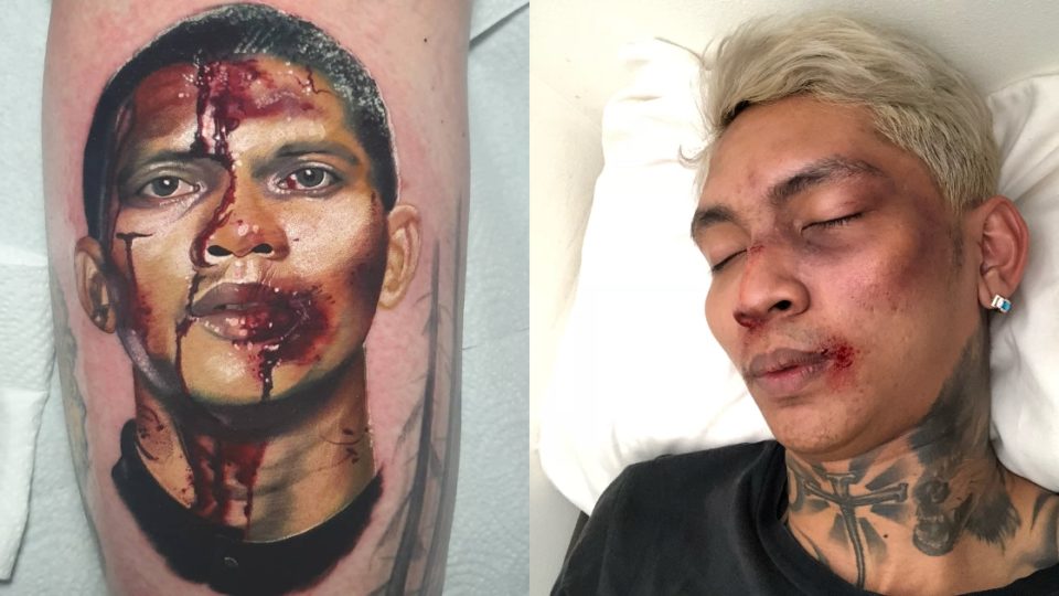 Left: A tattoo of Indonesian action star Iko Uwais. Right: Indonesian rapper Young Lex. Photo: Instagram/@lucyedenholm & @young_lex18