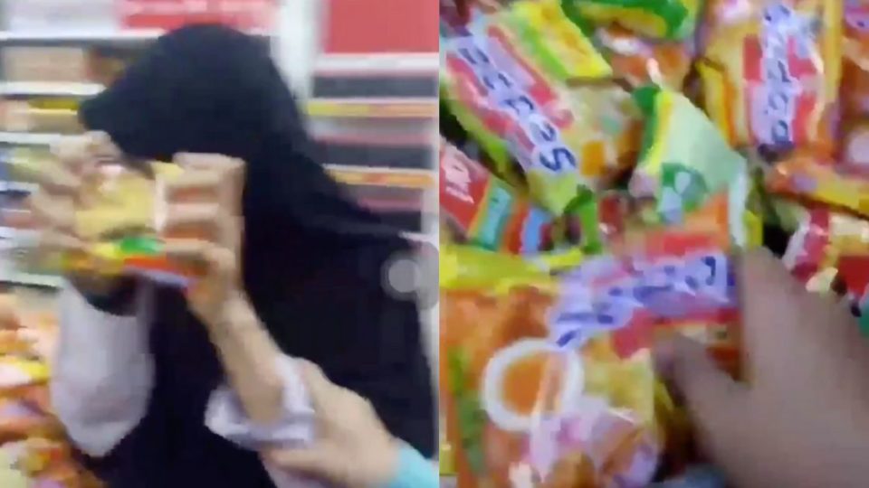 A video showing a group of girls physically vandalizing innocent packs of instant noodles recently went viral. Screenshot from Twitter/@masiidupp