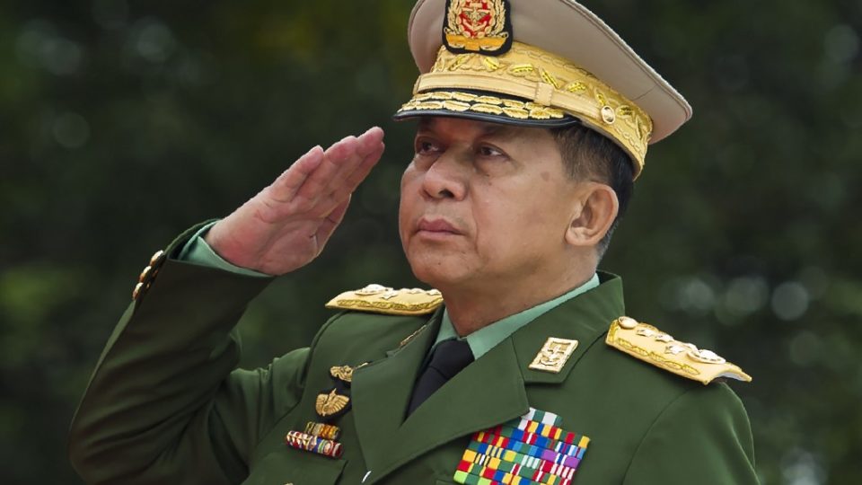 (FILES) This file photo taken on July 19, 2018, shows Myanmar’s Chief Senior General Min Aung Hlaing, commander-in-chief of the Myanmar armed forces, saluting to pay his respects to Myanmar independence hero General Aung San and eight others assassinated in 1947, during a ceremony to mark the 71th anniversary of Martyrs’ Day in Yangon. Photo by Ye Aung Thu/AFP