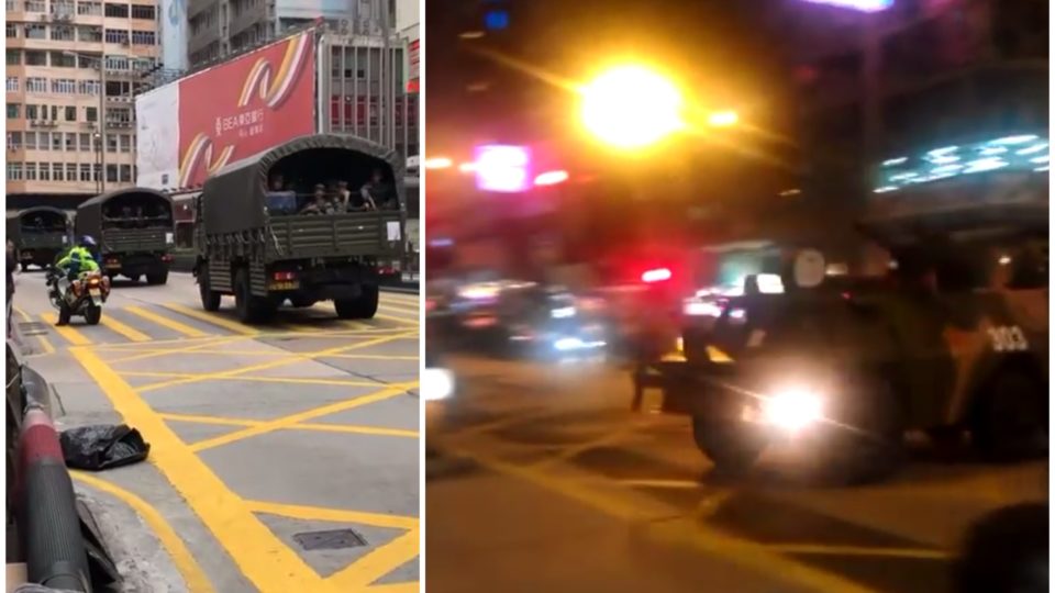 Stills from videos shot in 2012 (right) and 2018 (left) that have been falsely said in recent weeks to show an invasion of Hong Kong by PLA forces in response to the city’s protest movement. Screengrabs via YouTube.