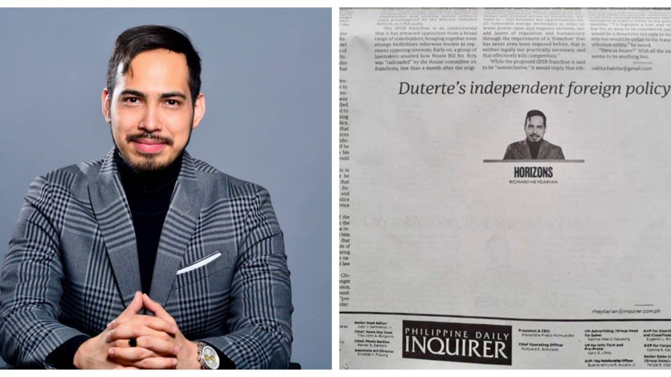 Academic Richard Heydarian and his column that appeared today in The Philippine Daily Inquirer. Photo: Heydarian’s FB page