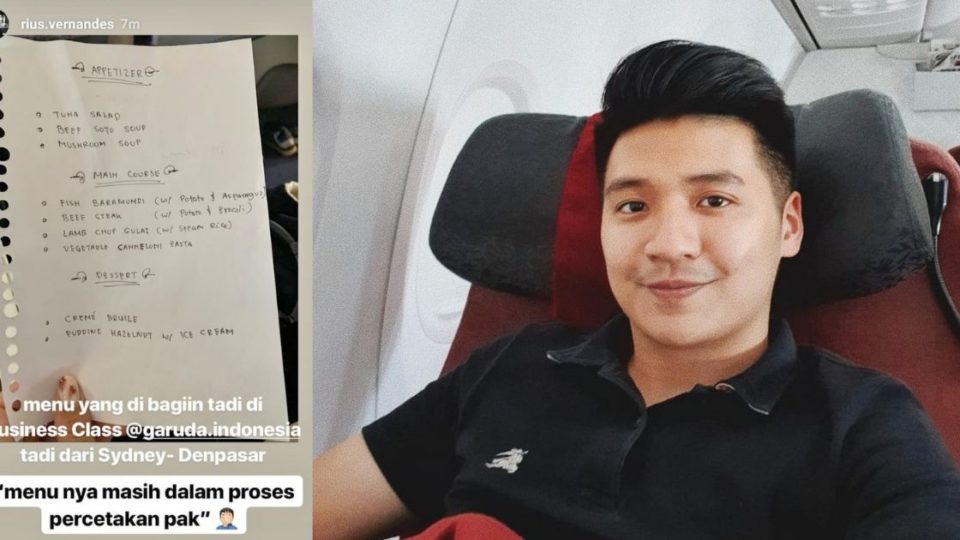 Popular Indonesian travel vlogger Rius Vernandes may be facing legal trouble for posting a viral photo of a handwritten menu from flag carrier Garuda Indonesia’s business class, with Rius claiming to have been summoned by the police after somebody reported the photo as defamation against Garuda. Photo: Instagram/@rius.vernandes