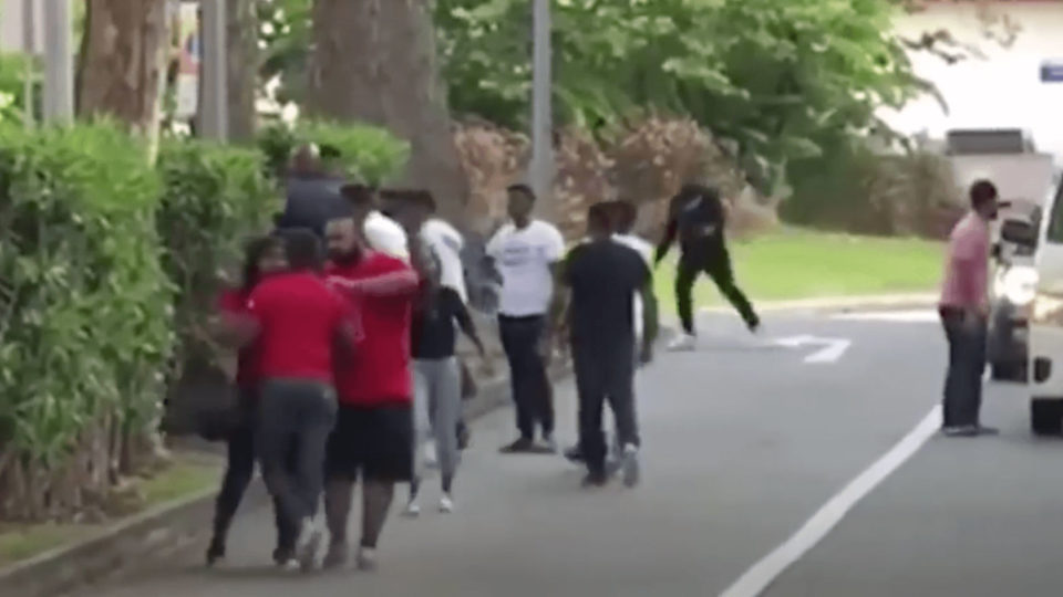 Screenshot of a video capturing a brawl at Duxton Hill.