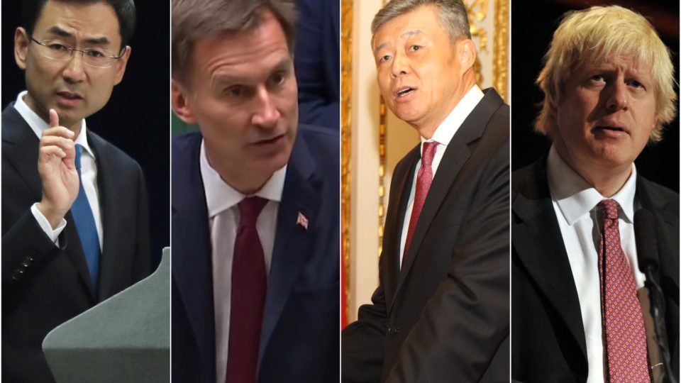 (From left to right) Chinese Foreign Ministry spokesman Geng Shuang, UK Foreign Secretary Jeremy Hunt, Chinese Ambassador to the UK Liu Xiaoming, and former London mayor and UK prime ministerial candidate Boris Johnson. Images via UKFCO/Andrew Parsons/VoA/Facebook.