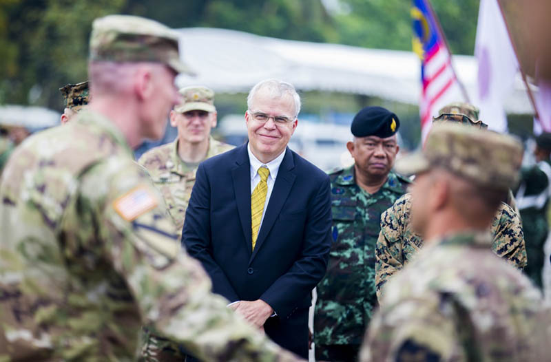 Peter Haymond, charge d’affaires at the U.S. Embassy in Bangkok, alongside Thai and American military personnel in Phitsanulok province at the Feb. 12, 2019, opening ceremonies for the 38th annual Cobra Gold exercises. Photo: Sgt. Kyle C. Talbot / U.S. Marine Corps