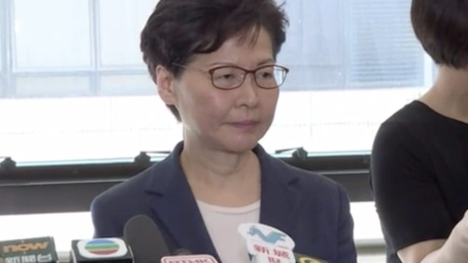 Carrie Lam addresses reporters the day after violent clashes broke out inside a Sha Tin mall on Sunday. Screengrab via Facebook video/i-Cable.