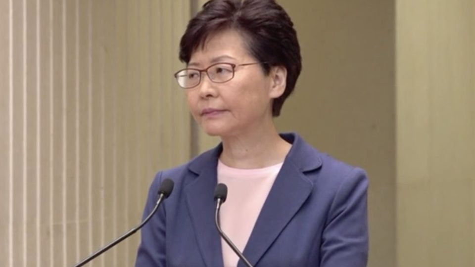 Chief Executive Carrie Lam speaks to the press at the government offices in Hong Kong last week. Screengrab via Apple Daily video.