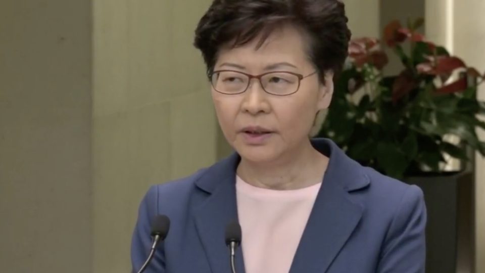 Chief Executive Carrie Lam speaks to the press at the government offices in Hong Kong today. Screengrab via Facebook/RTHK.