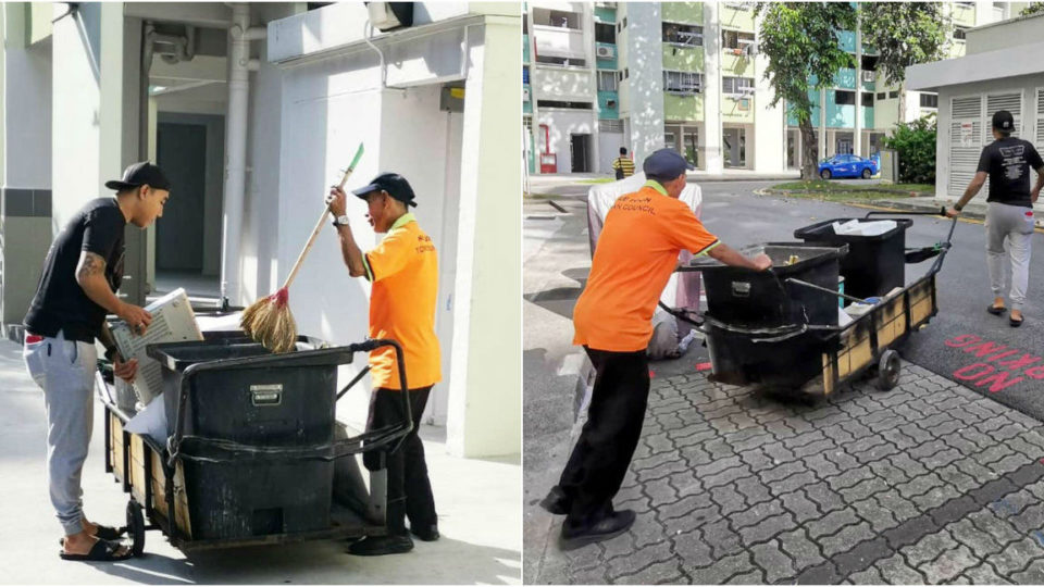 Photos of Sahri Jumaat helping his father clean up the Yishun neighburhood. (Photos: Facebook/Ayie Ahbotz)