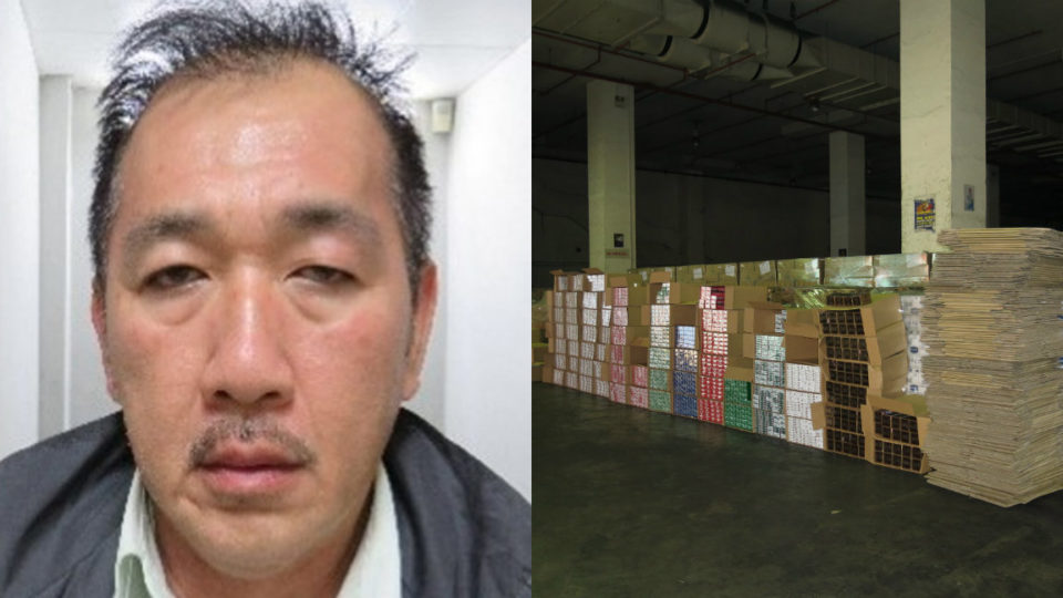 Raymond Soh Tian Khoon (left) and duty-unpaid cigarettes found in Bukit Batok (right). (Photos: Singapore Customs)