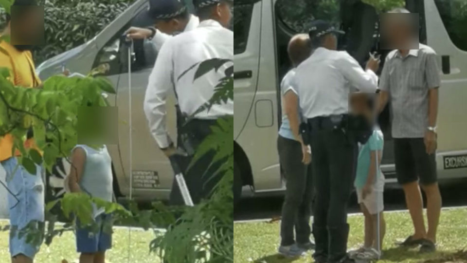 Screenshots of videos showing traffic police officers measuring the heights of child passengers. (Photo: Facebook/Huang Jiaxing)