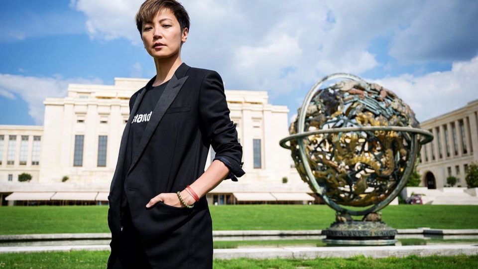 Cantopop star Denise Ho stands in front of the UN rights council headquarters in Geneva, where she gave a speech on July 9. Photo via Facebook.