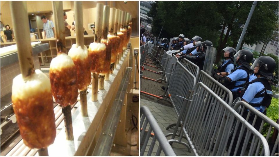 Japanese-style fishballs (left) and Hong Kong riot police (right) were recently the subject of ridicule online. Photos via Flickr/Frontriver/Stuart White.
