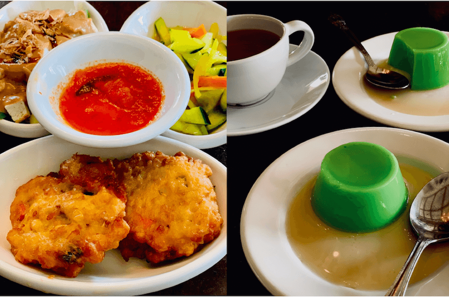 Bakwan, gado gado and achar (left) kicked off our 13 course meal, while tea and coconut pudding (right) ended it on a warm and sweet note. Photos: Juliette Yu-Ming Lizeray.