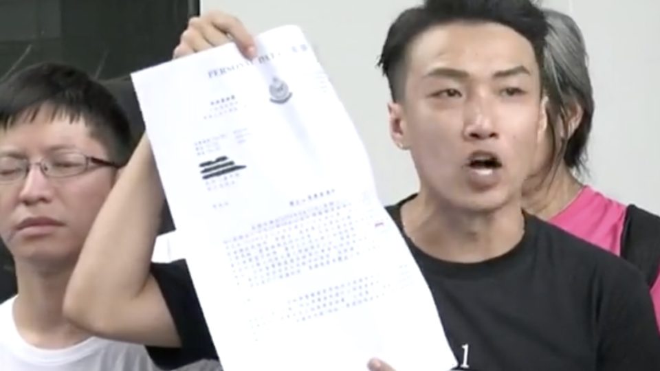 Jimmy Sham, the convenor of the Civil Human Rights Front, holds up a police letter of objection classifying the June 12 rally as a riot, and accused Carrie Lam of lying after she claimed in a press conference that they didn’t put a label on the protests. Screengrab via Facebook/RTHK video.
