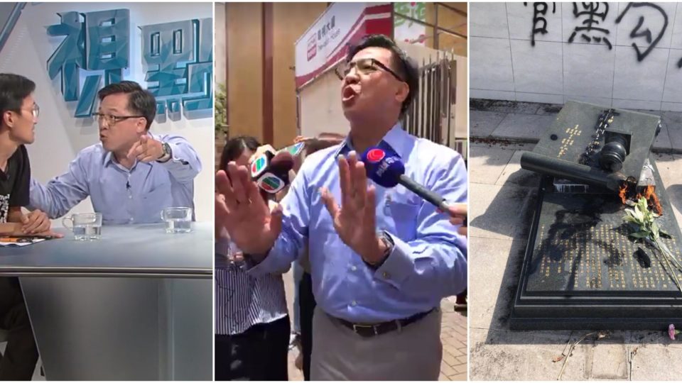 Pro-Beijing lawmaker sparred with his pro-dem counterpart Eddie Chu (left), and addressed a small crowd on the street outside RTHK’s offices (center) today, as photos purporting to show his parents’ desecrated graves (right) began circulating online today. Photos via Facebook/Twitter.