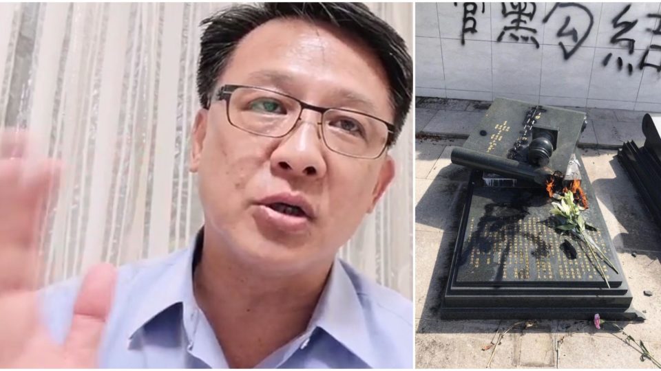 Pro-Beijing lawmaker Junius Ho (left) makes a video statement last night in which he accuses a fellow lawmaker of being behind the desecration of his parents’ graves (right). Photos via Facebook video/Twitter.