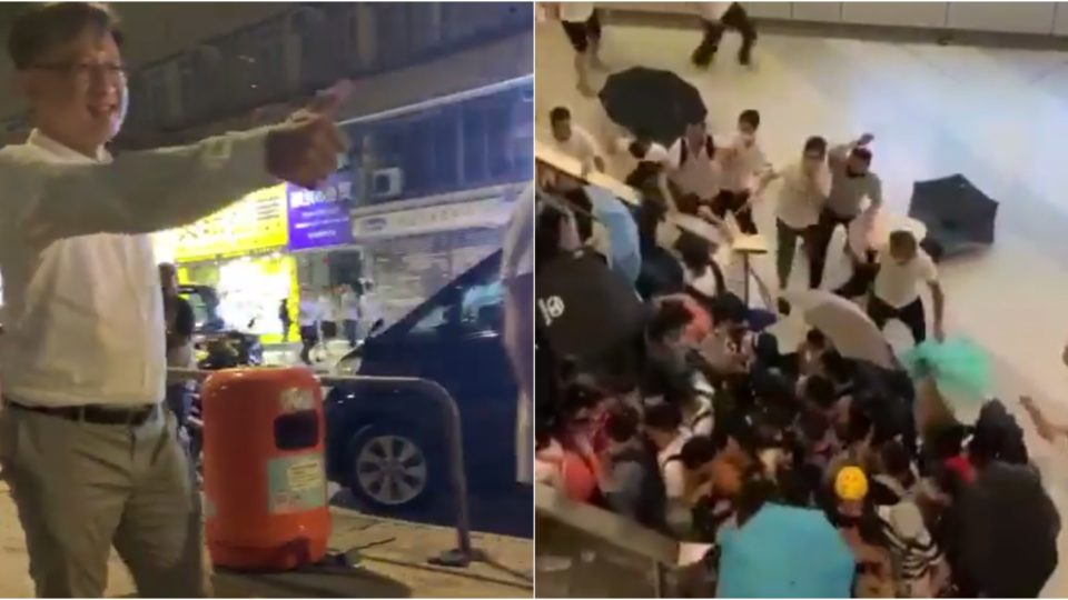 Pro-Beijing lawmaker Junius Ho (left) gives a thumbs-up to men suspected of taking part in mob violence at the Yuen Long MTR station last night (right). Screengrabs via Facebook.