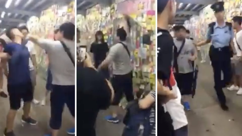 A 46-year-old man surnamed Wong was arrested for punching another man that had been guarding a Lennon Wall in Kowloon Bay. Screengrab via YouTube.